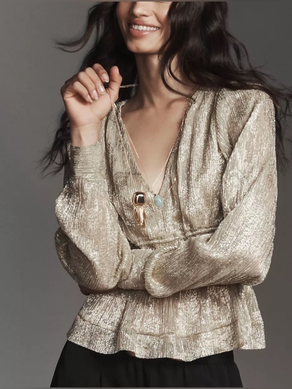 By Anthropologie Metallic Smocked Long-Sleeve Shirt
